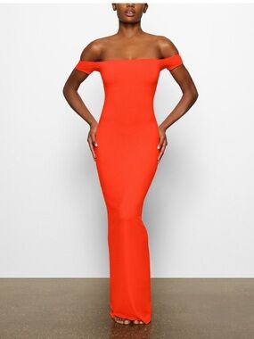 SKIMS SOFT LOUNGE ribbed Orange off the shoulder maxi dress shade fire Size XXS